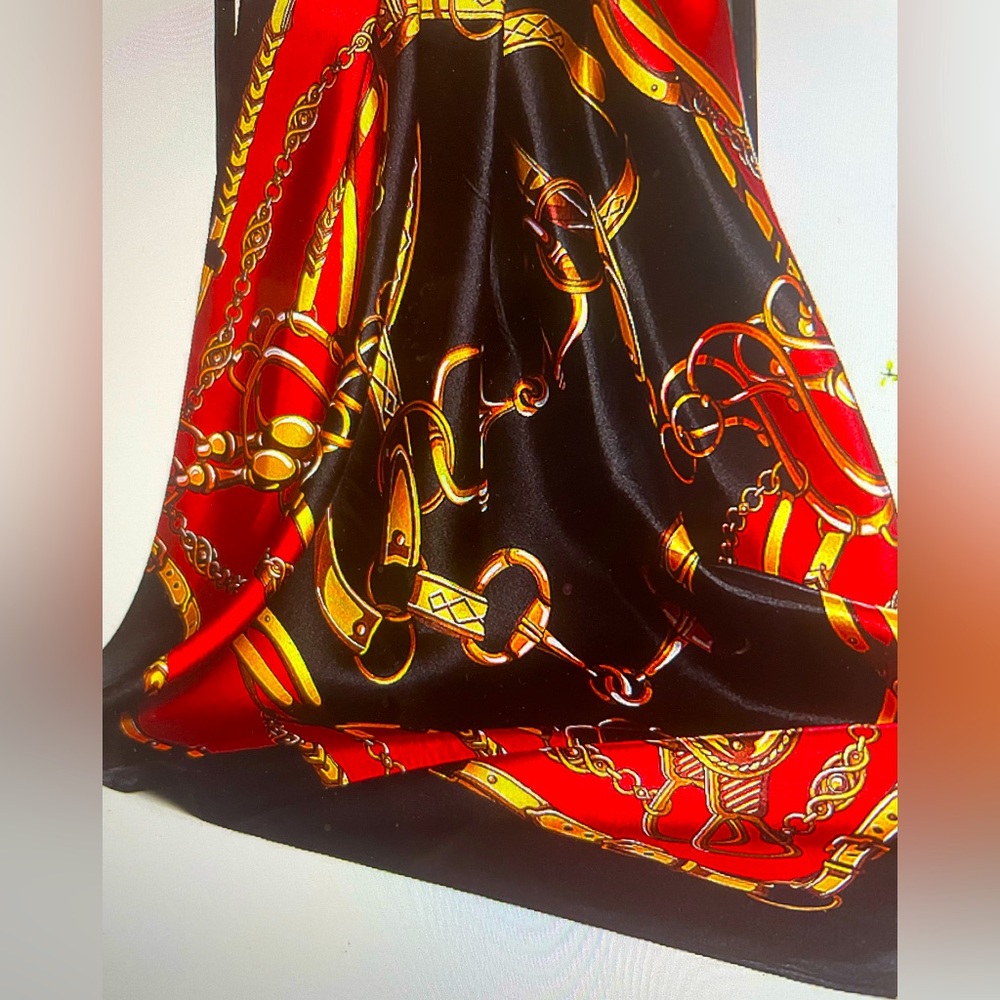 Vintage MOSI Red and Black Equestrian/ Chain Design Satin Scarf - Picture 2 of 10